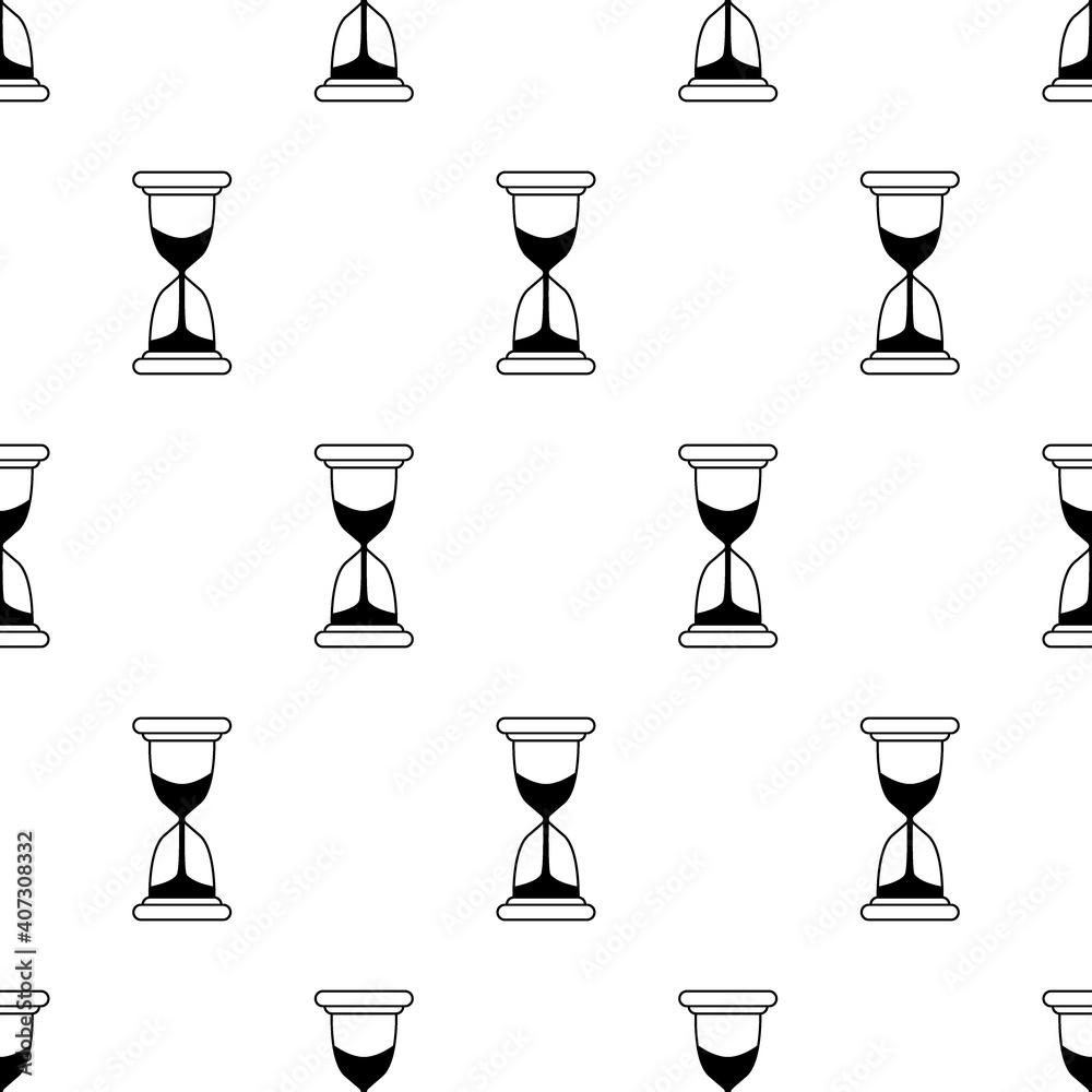 Hourglass seamless pattern line. Cool new glass clock with wood rim. A device for measuring time. Vector illustration for websites, prints, games and mobile apps.