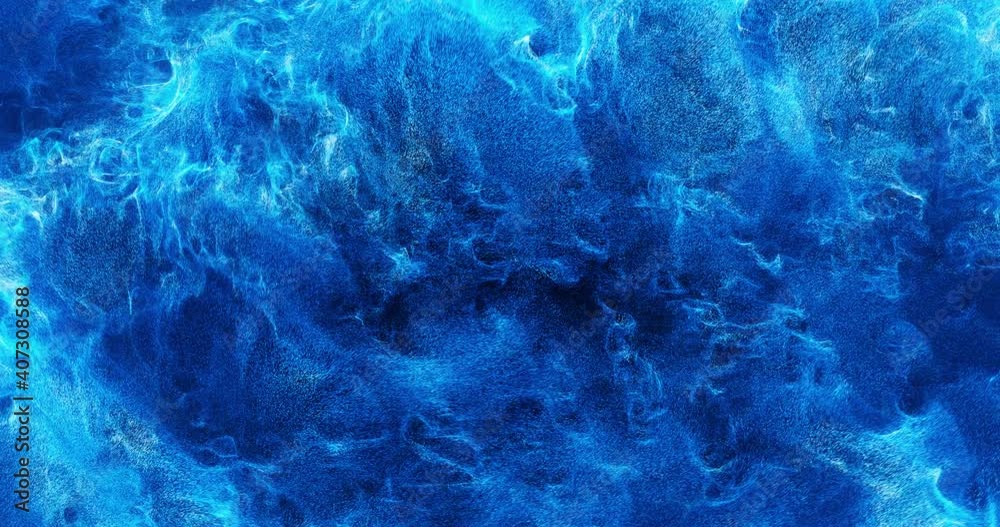 Abstract turbulent and flowing water or blue liquid particles.  Motion background with blue water for event, concert, title, presentation, music, VJ. 4K loop