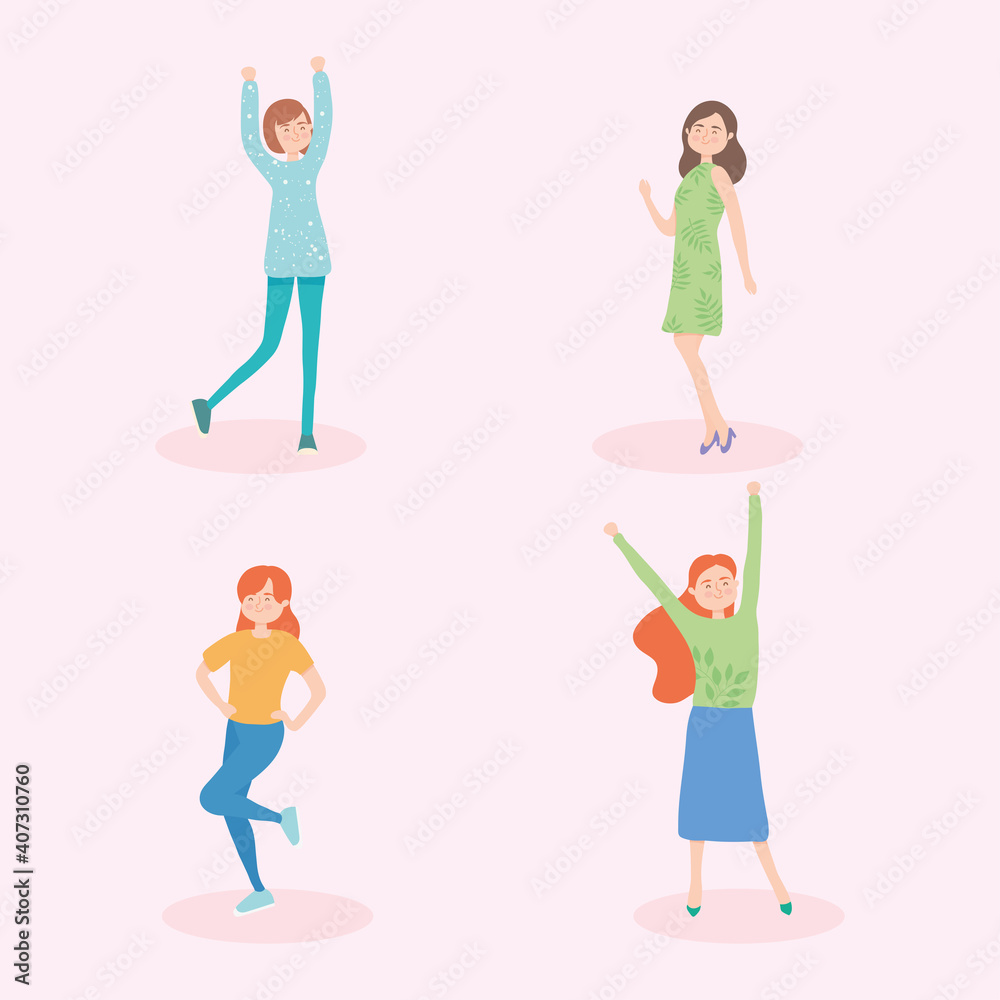 collection of happy women dancing, colorful design collection of happy women dancing, colorful design