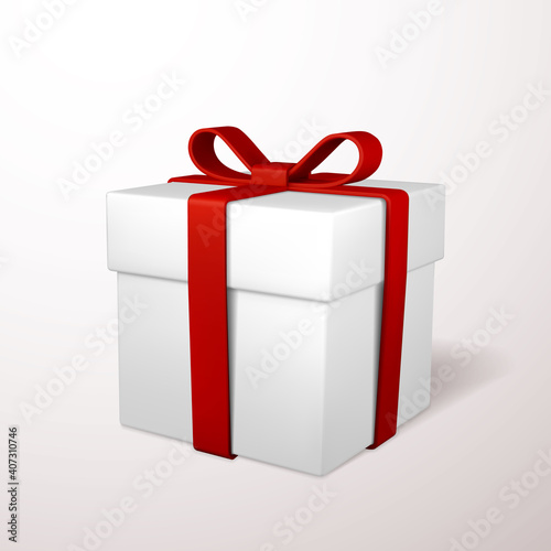 Realistic gift box with red bow isolated on gray background. Vector illustration