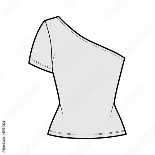 One shoulder t-shirt technical fashion illustration with short sleeve, slim fit, stretch jersey. Flat apparel top outwear template front, grey color. Women men unisex CAD mockup