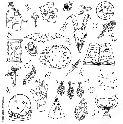 Design set with graphic drawings of mystic and religions and devil symbols. Theme of alchemy, magic, witchcraft and mysticism with various occult and spiritual mystic drawings sketches.