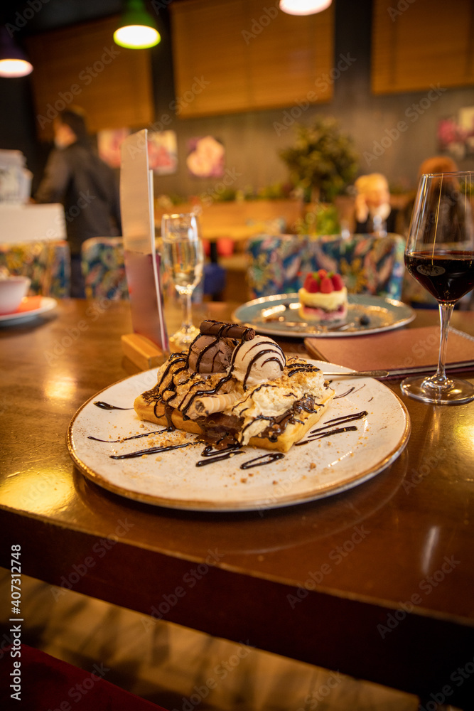 Waffle served with ice cream at the restaurant Waffle served with ice cream at the restaurant