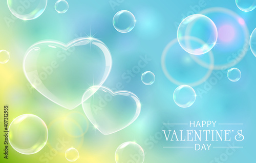 Valentines Hearts with Bubbles on Sky Background