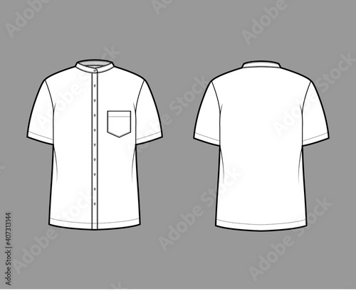Shirt nehru collar technical fashion illustration with short sleeves, angled pocket, mandarin neck. Flat indian jacket apparel outwear template front, back, white color. Women men unisex CAD mockup