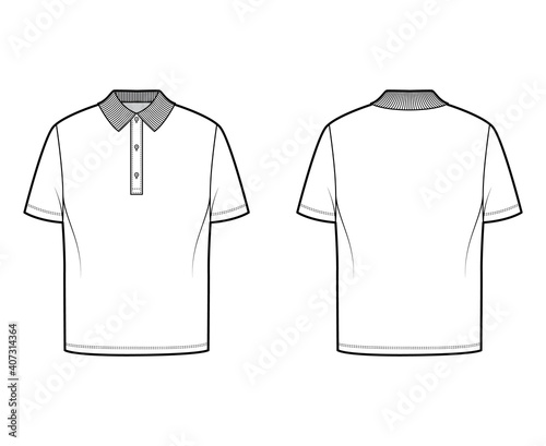 Shirt polo technical fashion illustration with short sleeves, tunic length, henley neck, oversized, flat knit collar. Apparel top outwear template front, back, white color. Women men unisex CAD mockup