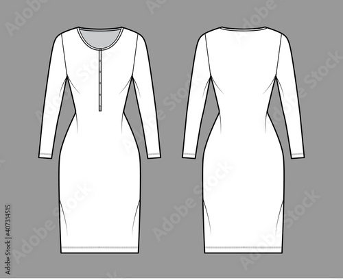 Shirt dress technical fashion illustration with henley neck, long sleeves, knee length, fitted body, Pencil fullness. Flat apparel template front, back, white color. Women, men, unisex CAD mockup