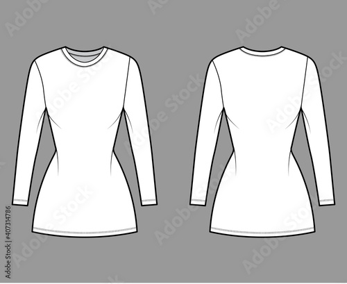 T-shirt dress technical fashion illustration with crew neck, long sleeves, mini length, slim fit, Pencil fullness. Flat apparel template front, back, white color. Women, men, unisex CAD mockup