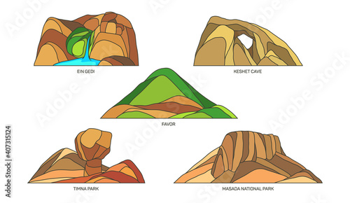 Set of Israel landmarks or nature landscapes