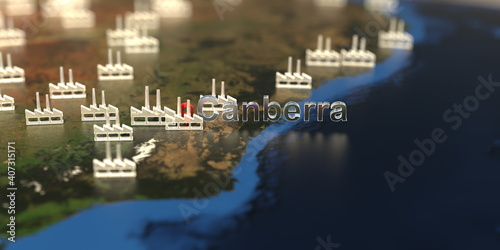 Factory icons near Canberra city on the map, industrial production related 3D rendering