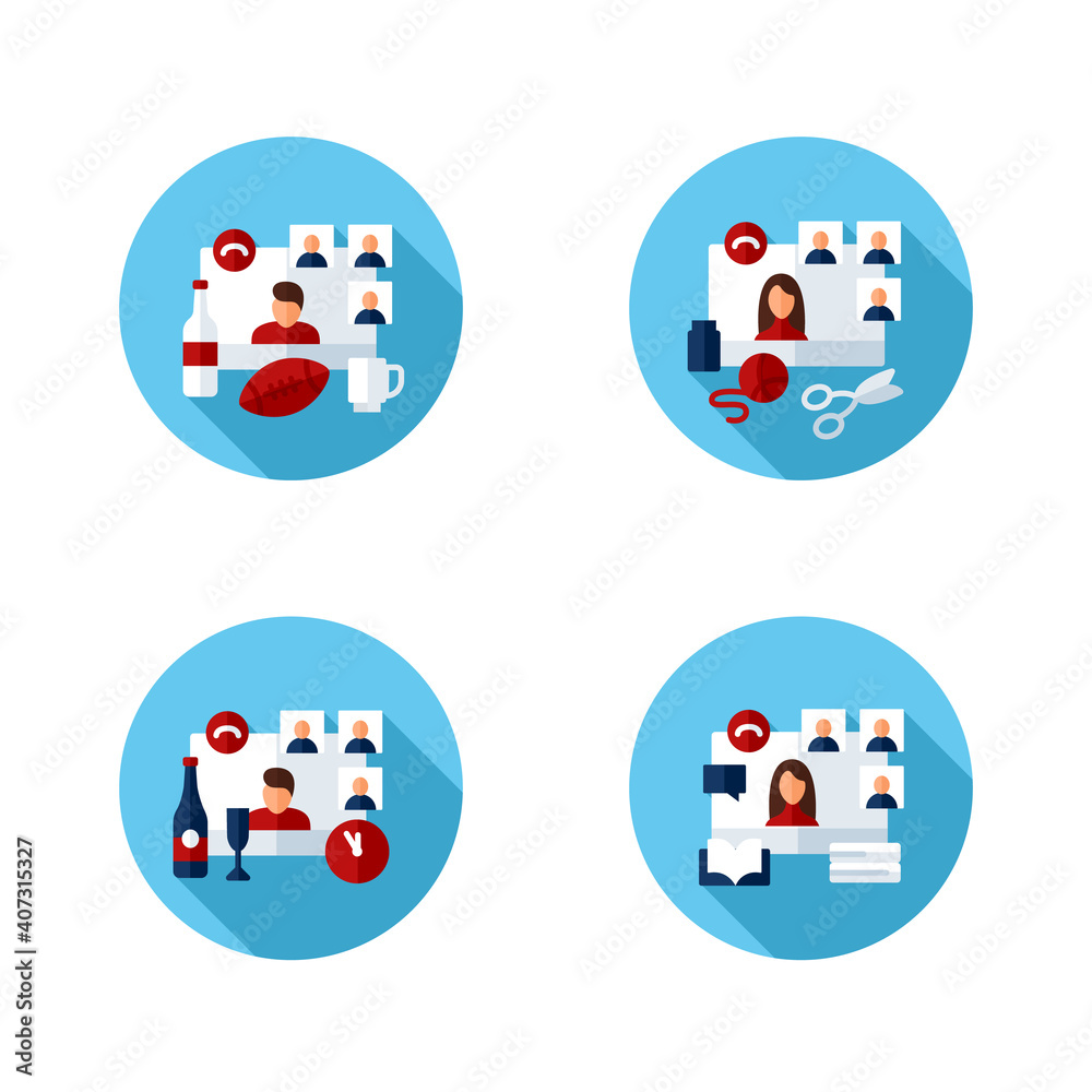 Meeting together flat color icons set. Online conference concept. Live stream. Social distanced education, event, sport party and more. Remote video communication. Isolated vector illustrations Meeting together flat color icons set. Online conference concept. Live stream. Social distanced education, event, sport party and more. Remote video communication. Isolated vector illustrations