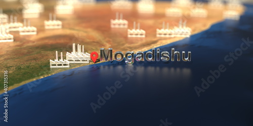 Factory icons near Mogadishu city on the map, industrial production related 3D rendering photo