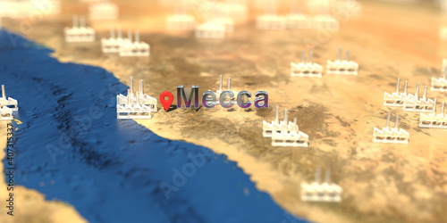 Factory icons near Mecca city on the map, industrial production related 3D rendering