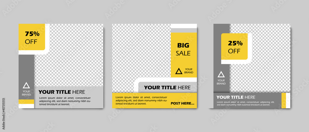 Social media editable post banner. Clever and simple abstract design for selling products, vector illustration, basic shapes with shadow, grey and yellow colors, rounded corner, photo, shopping
