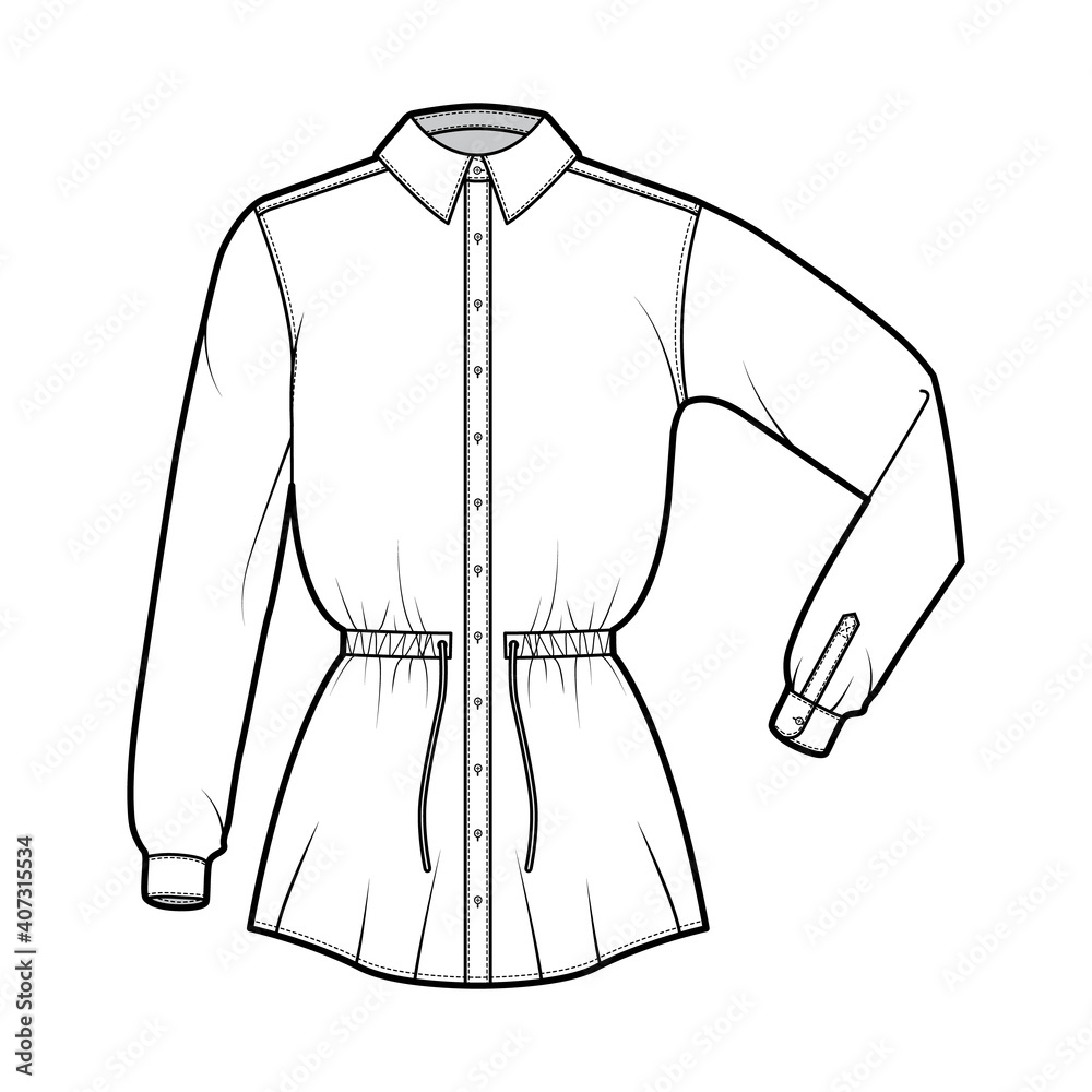 Shirt drawstring gathered waist technical fashion illustration with tie, elbow folded long sleeves, tunic length, classic collar. Flat outwear template front, white color. Women men unisex CAD mockup