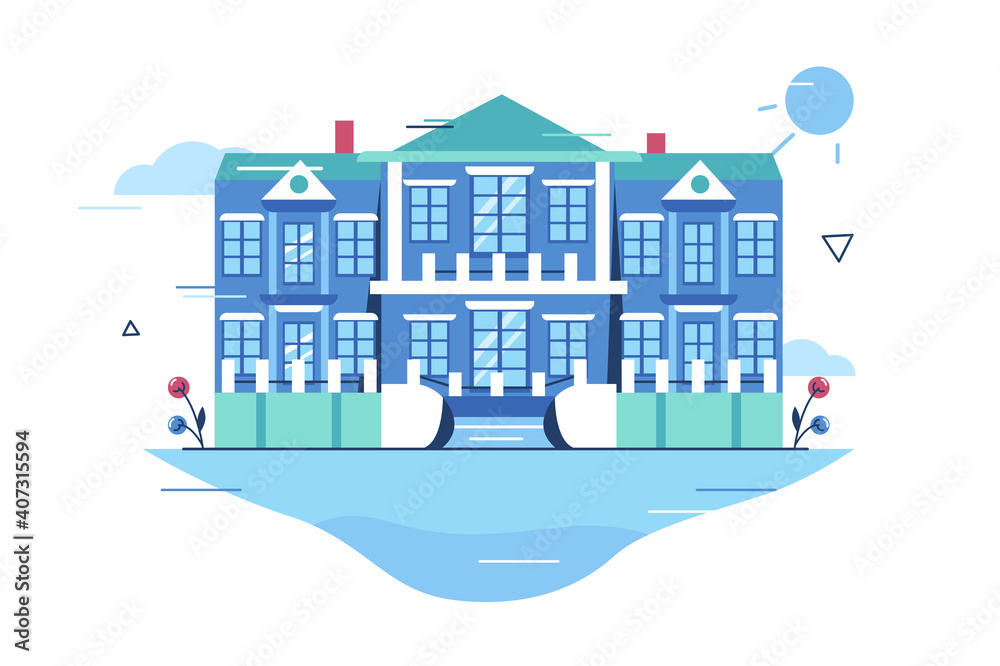 Floating personal island vector illustration. Two-storey house project with private beach flat style concept. New trend in luxury real estate idea. Isolated on white background