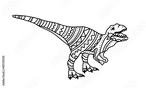 Vector illustration with dinosaur raptor for kids. Doodle style coloring book with small patterns. Coloring book for small children. Doodle drawing of a predatory lizard on its hind legs