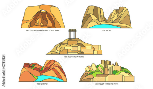 Set of Israel landmarks, nature landscape, parks