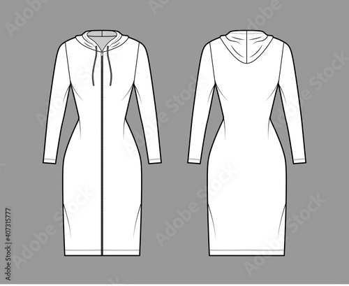 Hoodie zip-up dress technical fashion illustration with long sleeves, knee, mini length, fitted body, Pencil fullness. Flat apparel template front, back, white color. Women, men, unisex CAD mockup