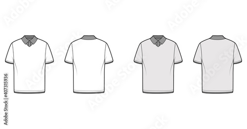 Double t-shirt technical fashion illustration with short sleeves, tunic length, henley neck, flat knit collar. Apparel top outwear template front, back, white, grey color. Women men unisex CAD mockup