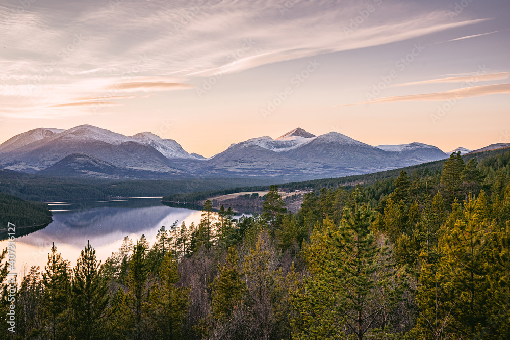The mountains from Rondane national park during sunset