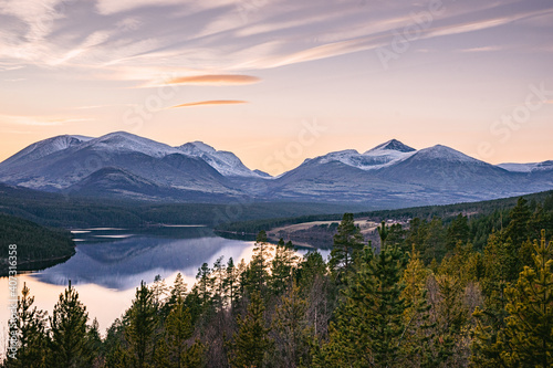 The mountains from Rondane national park during sunset photo