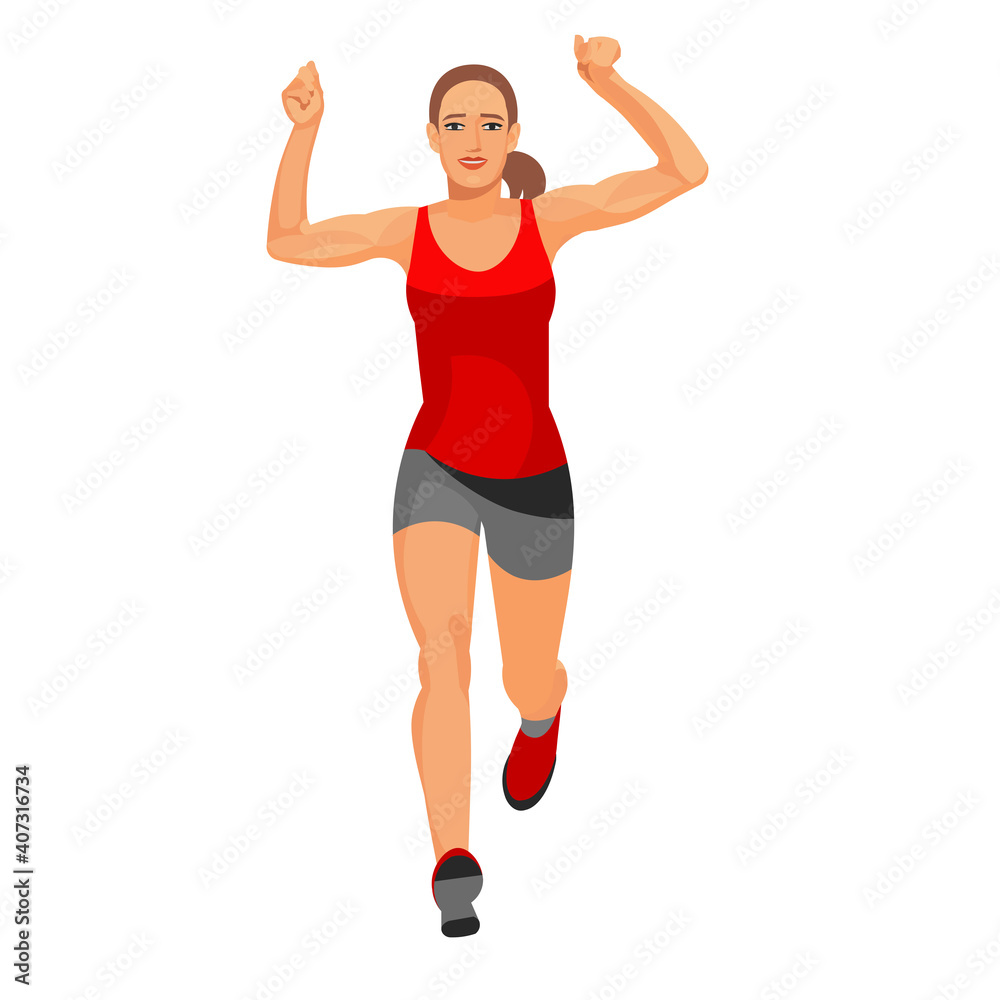 Figure of a running woman in summer sportswear with her hands raised in victory at the finish line Figure of a running woman in summer sportswear with her hands raised in victory at the finish line