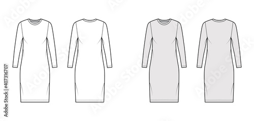 T-shirt dress technical fashion illustration with crew neck, long sleeves, knee length, oversized, Pencil fullness. Flat apparel template front, back, white, grey color. Women, men, unisex CAD mockup