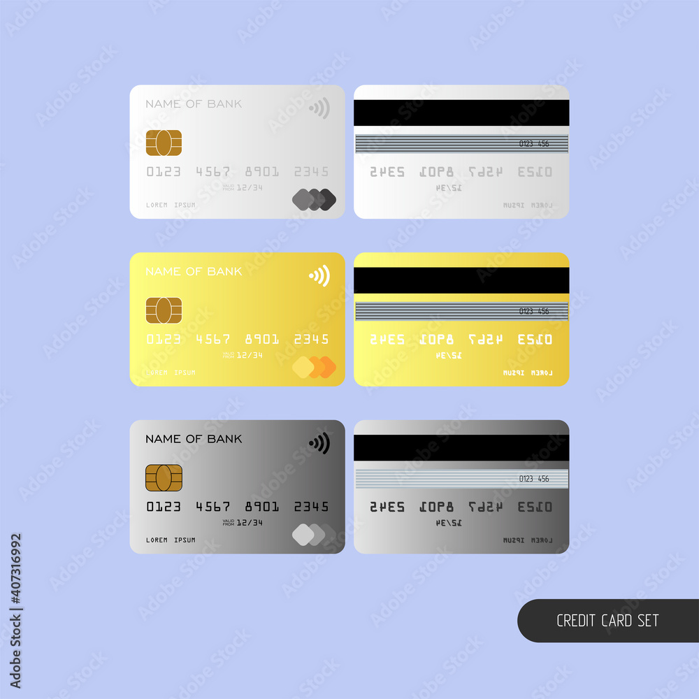 Templates realistic credit card set design. Vector plastic debit card.