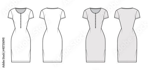 Shirt dress technical fashion illustration with henley neck, short sleeves, knee length, fitted body, Pencil fullness. Flat apparel template front, back, white, grey color. Women men unisex CAD mockup