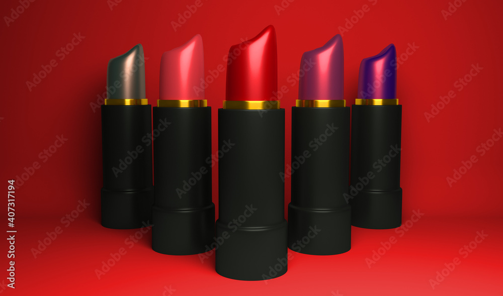 Obraz premium Lápices labiales en fondo rojo 