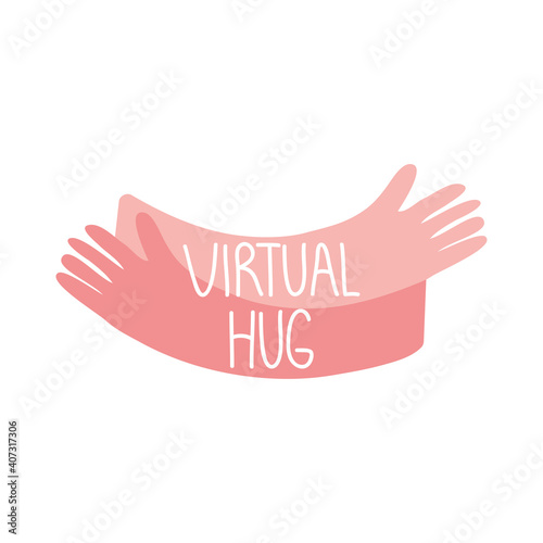 virtual hug lettering design with pink arms shapes, colorful design