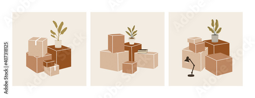 Vector illustration of three compositions cardboard boxes with home flowers, lamp, and books. Concept of moving to a new house, moving day. Hand-drawn sets isolated on white background.