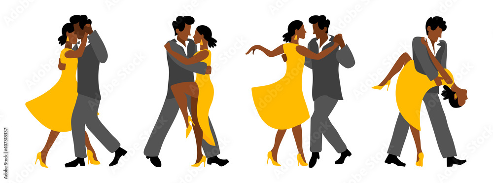 Romantic couple in passionate Latin American dances. Vector set with couples for the salsa festival. Hand drawing in flat style isolated. Afro Americans are dancing