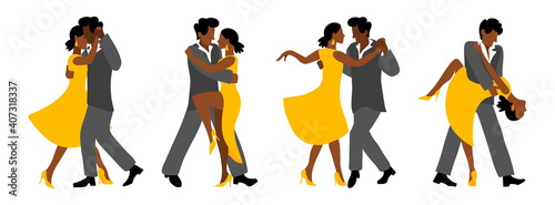 Romantic couple in passionate Latin American dances. Vector set with couples for the salsa festival. Hand drawing in flat style isolated. Afro Americans are dancing  © Leria Kaleria