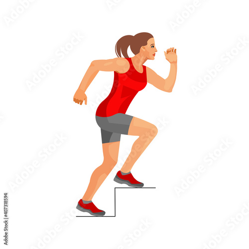 Figure in profile of a girl running upstairs
