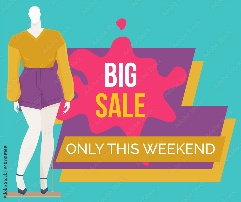 Best offer banner on the window of a clothing store with mannequins. Discount time. Big sale special offer with inscription. Super sale best price and super quality advertising poster illustration Best offer banner on the window of a clothing store with mannequins. Discount time. Big sale special offer with inscription. Super sale best price and super quality advertising poster illustration