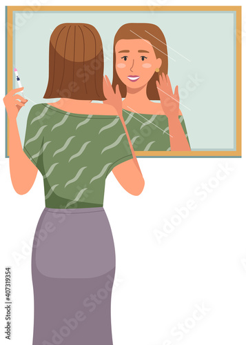 Girl doing morning routine in the bathroom. Woman stands with a syringe to inject into the face. Female character looking in the mirror and applying skin care product. Girl improves skin condition