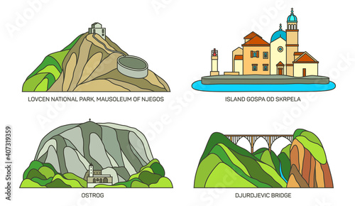 Set of Montenegro travel landmark or landscape