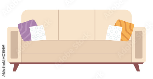 Soft couch with colorful pillows. Leisure furniture vector. Cream sofa or divan isolated on white background. Arrangement of furniture and layout of premises. Living room interior design sofa element