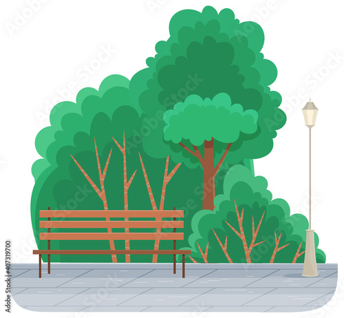 Wooden park bench under big tree and a street lamp on the sidewalk, flat vector illustration in summer landscape. Plank bench, urban element, place for seat, facility to relax in a city park