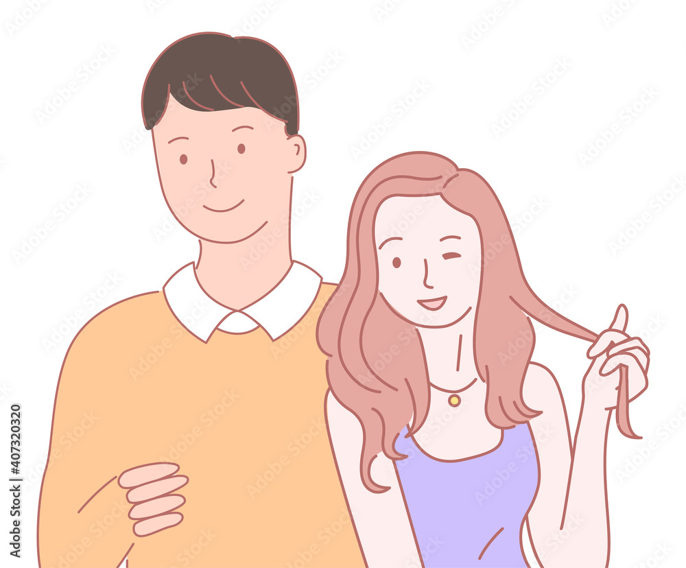 Hand-drawn young happy couple close-up. Brown-haired tall guy in yellow sweater and long brown-haired girl in t-shirt with chain around her neck. Cartoon characters. Hand drawn style isolated on white Hand-drawn young happy couple close-up. Brown-haired tall guy in yellow sweater and long brown-haired girl in t-shirt with chain around her neck. Cartoon characters. Hand drawn style isolated on white