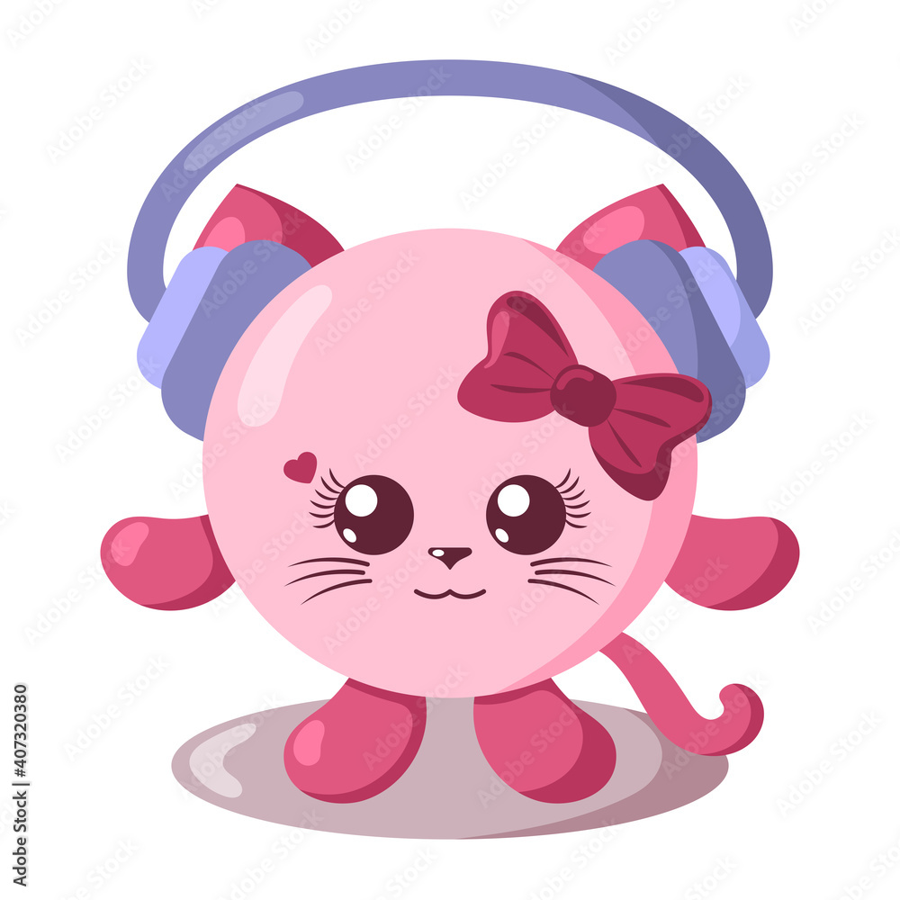 Funny cute kawaii cat with headphones and round body in flat design with shadows. Isolated animal vector illustration Funny cute kawaii cat with headphones and round body in flat design with shadows. Isolated animal vector illustration