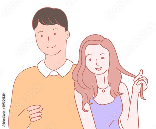 Hand-drawn young happy couple close-up. Brown-haired tall guy in yellow sweater and long brown-haired girl in t-shirt with chain around her neck. Cartoon characters. Hand drawn style isolated on white