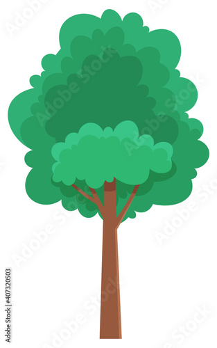 Green bright spring high tree with a lush crown  thin brown trunk and branches isolated on white. Vector illustration of big plant with foliage round shape  landscape element in cartoon concept