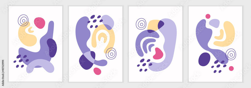 Set of interior art posters. Minimalistic art. Set of abstract templates for banners, posters, flyers, covers. Vector illustration. Abstract shapes, lines and spots. Simple flat background. Purple Set of interior art posters. Minimalistic art. Set of abstract templates for banners, posters, flyers, covers. Vector illustration. Abstract shapes, lines and spots. Simple flat background. Purple