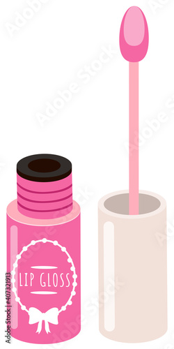 Opened pink lip gloss tube with a sponge brush. Lip cream plastic opaque bottle of rose color with a screw cap isolated on white. Lip care cosmetic accessory. Lipstick, pomade paints lips does makeup