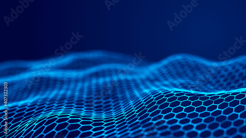 Abstract technology stream background. Digital dynamic wave. Network connection structure. 3D rendering.