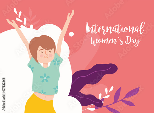 International womens day girl cartoon with hands up vector design