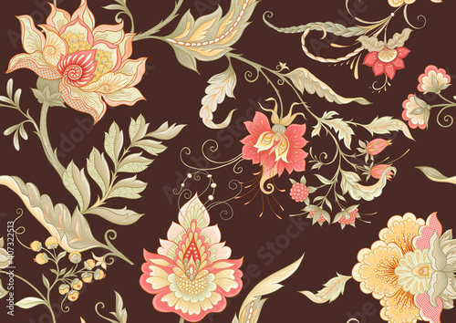 Seamless pattern with stylized ornamental flowers in retro, vintage style. Jacobin embroidery. Colored vector illustration on chocolade brown background.